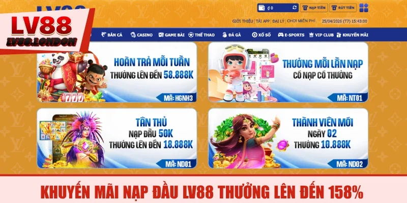 Khuyến mãi nạp đầu LV88 thưởng lên đến 18.888K